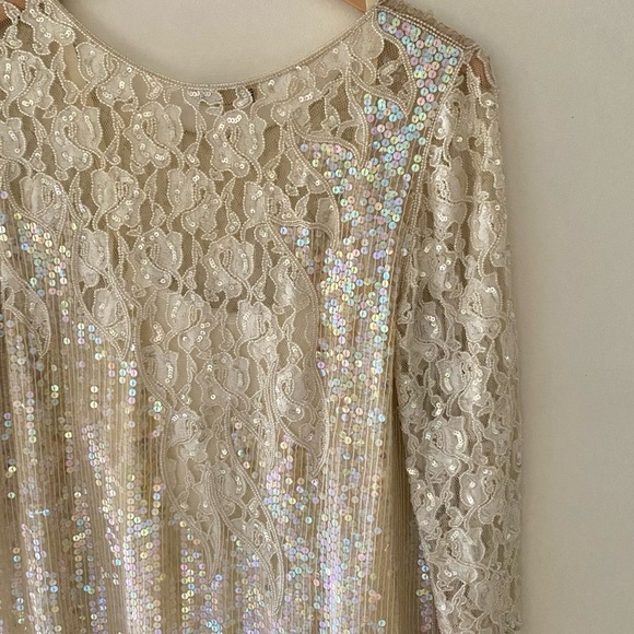 Vintage Sequin Lace Asymmetrical Party Wedding Holiday Dress Size Medium Silk - Picture 4 of 8